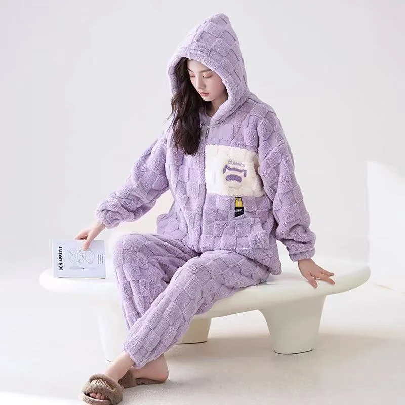 CD307秋冬新款季珊瑚绒睡衣女款加绒加厚