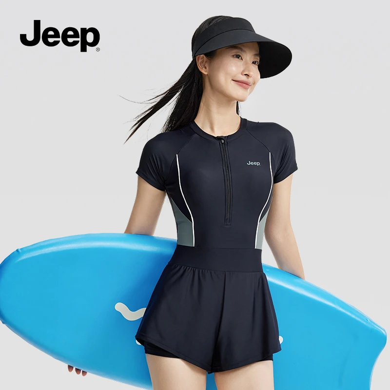 Jeep女士连体泳衣双层平角泳衣大码显瘦遮肚防晒保守款速干游泳装