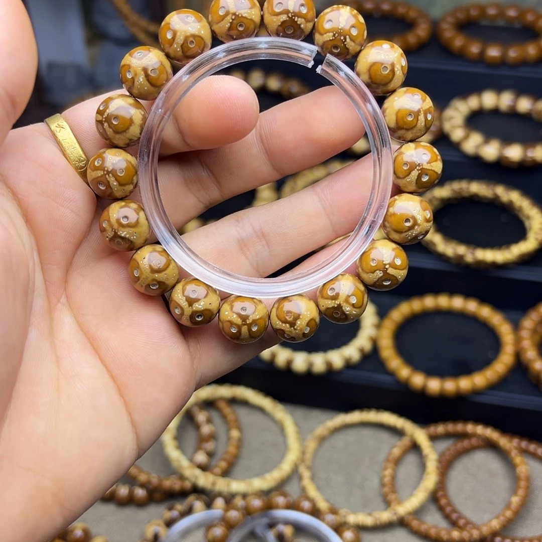 紫金鼠手串半实心圆珠熊猫三叶草花皮