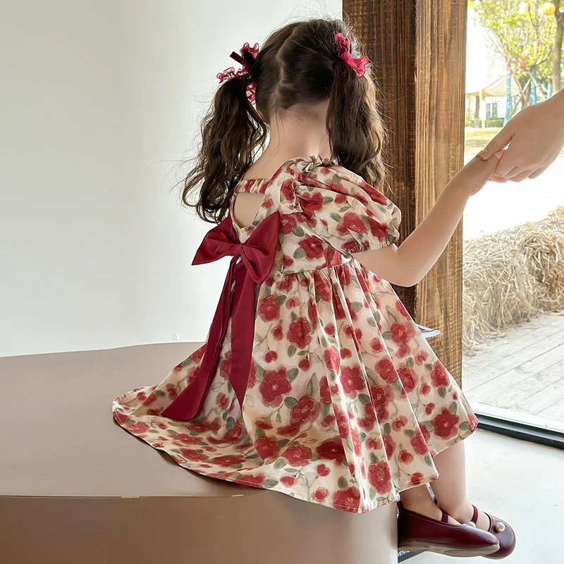 女童夏季连衣裙儿童短袖碎花裙韩系甜美纯棉裙子宝宝蝴蝶结公主裙