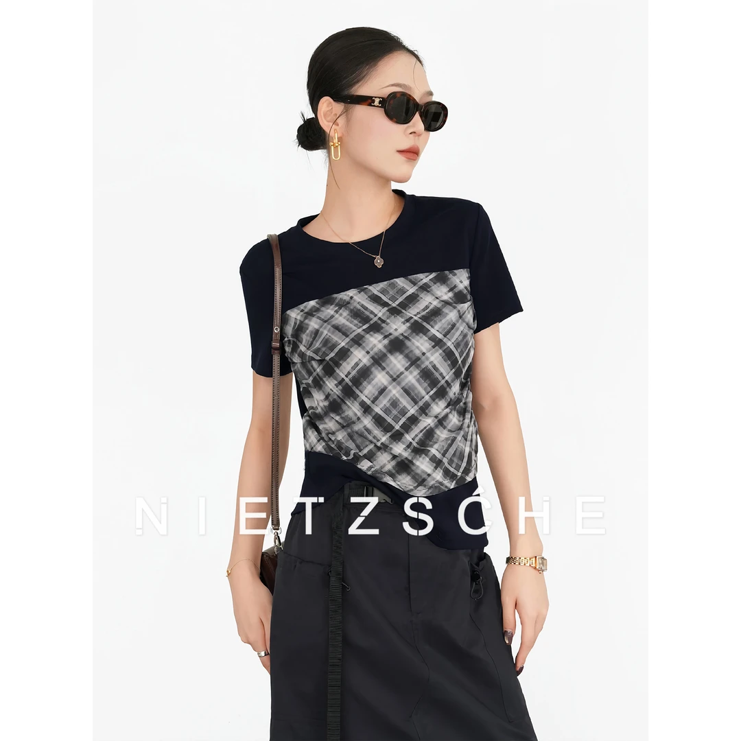 Nietzsche｜时髦格｜拼接假两件 设计师款短袖显瘦女格子T恤30057
