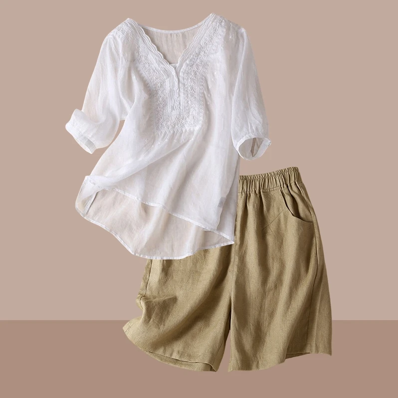 高端棉麻短袖套装女大码妈妈夏装时尚洋气苎麻亚麻上衣短裤两件套