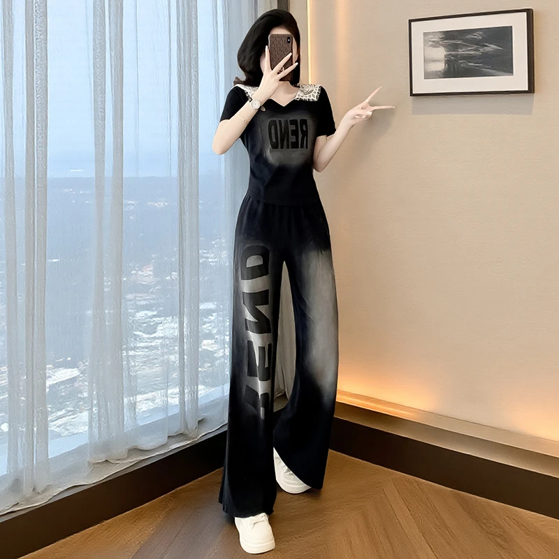 休闲套装女两件套女美拉德风慵懒风休闲风时尚套装小众黑色阔腿裤