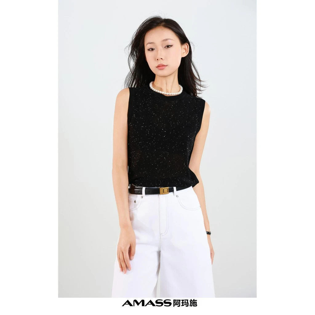 阿玛施538015时尚休闲显瘦百搭造型镂空亮片圆领无袖套头针织马甲