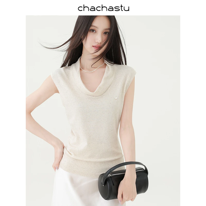 CHACHASTU【夏末极简】慵懒气质荡领设计软糯感混色针织上衣F251056