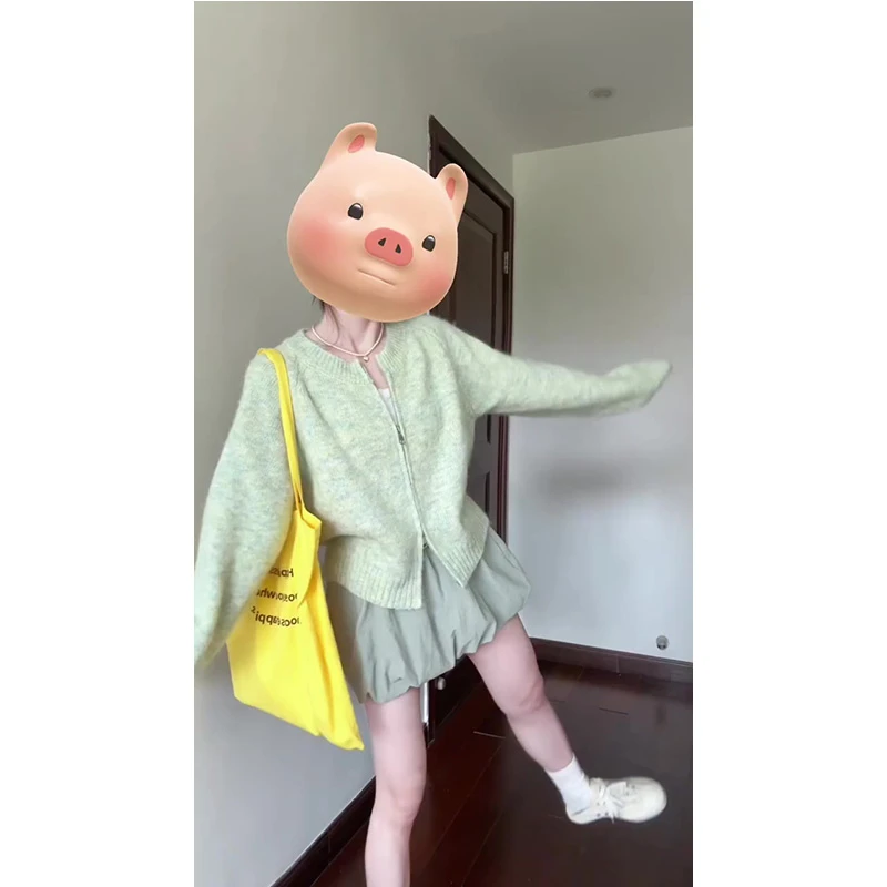 2025新款春秋穿搭一整套韩系轻熟风高级感绿色针织衫花苞短裙套装