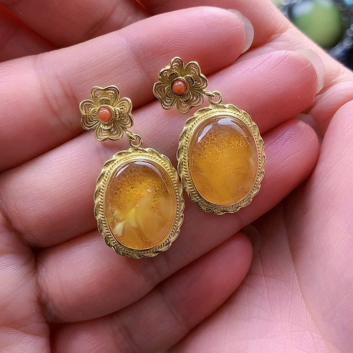 琥珀裸石银S925镶嵌耳坠