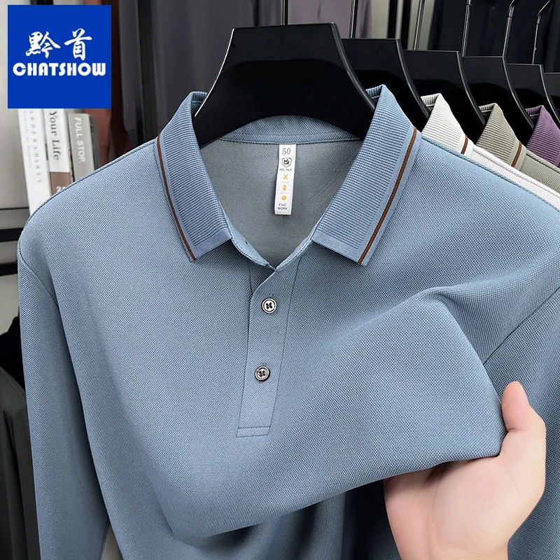 爆款桑蚕丝羊毛混纺男士长袖T恤秋季新款休闲翻领POLO衫宽松t恤衫