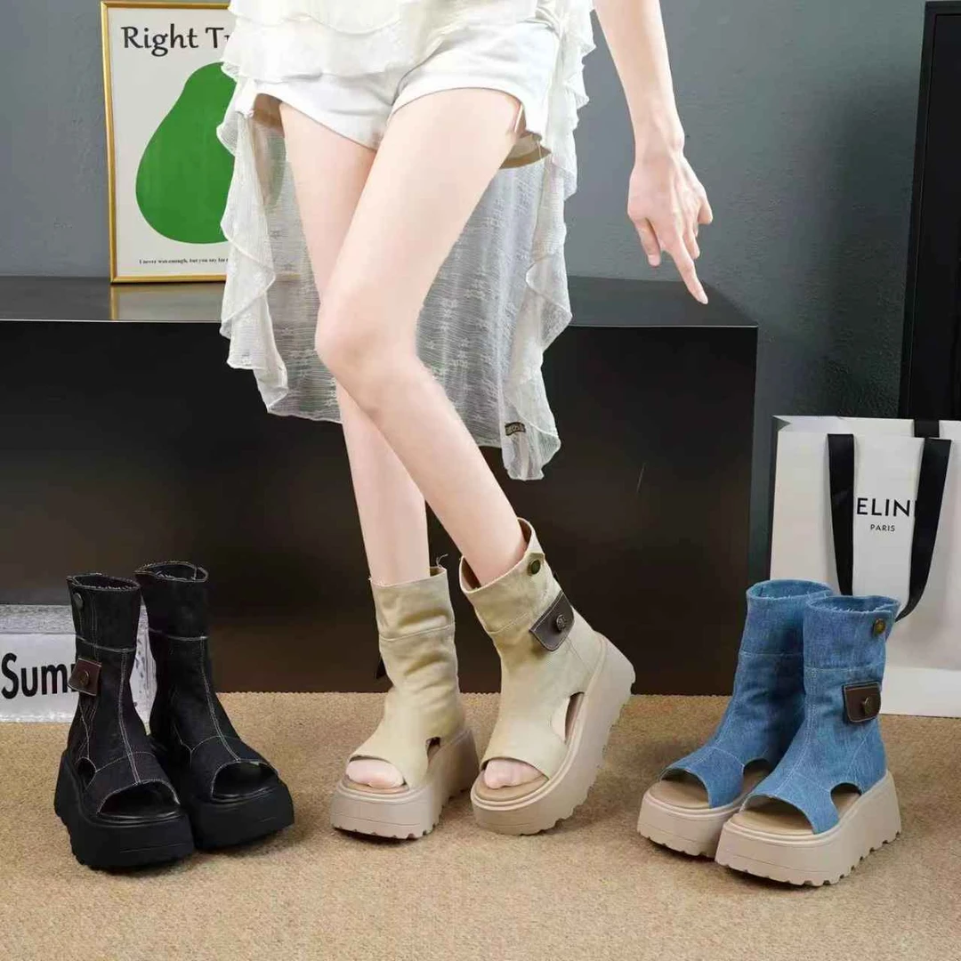 【有米】欧洲站走秀款小众时尚牛仔增高女靴88979