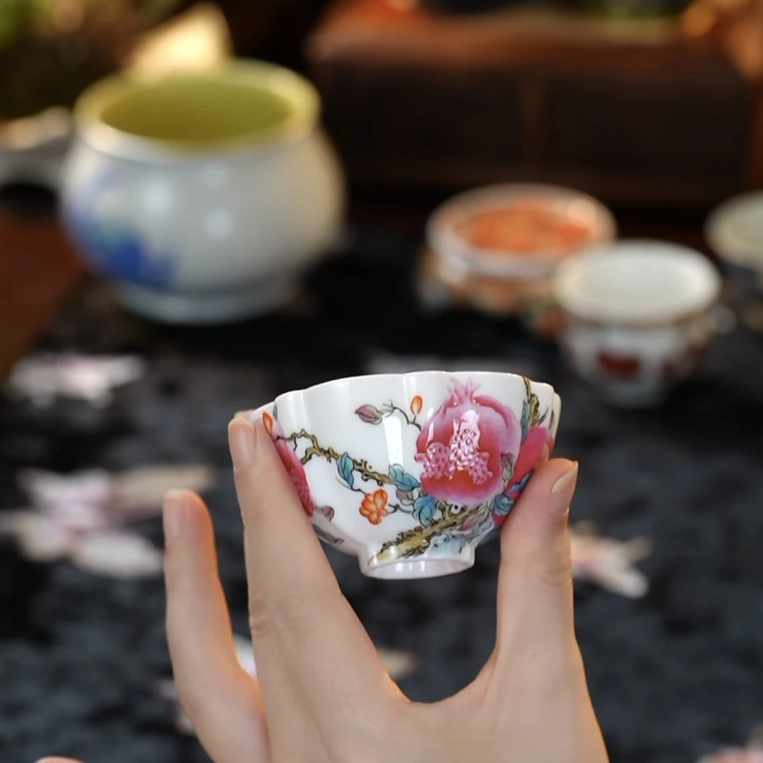 拙古堂——石榴花瓣中式主人杯纯手工陶瓷花纹057