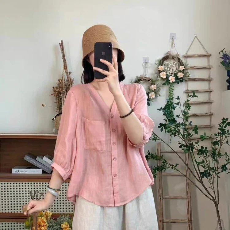 气质文艺宽松衬衫通勤休闲百搭v领七分袖防晒上衣女