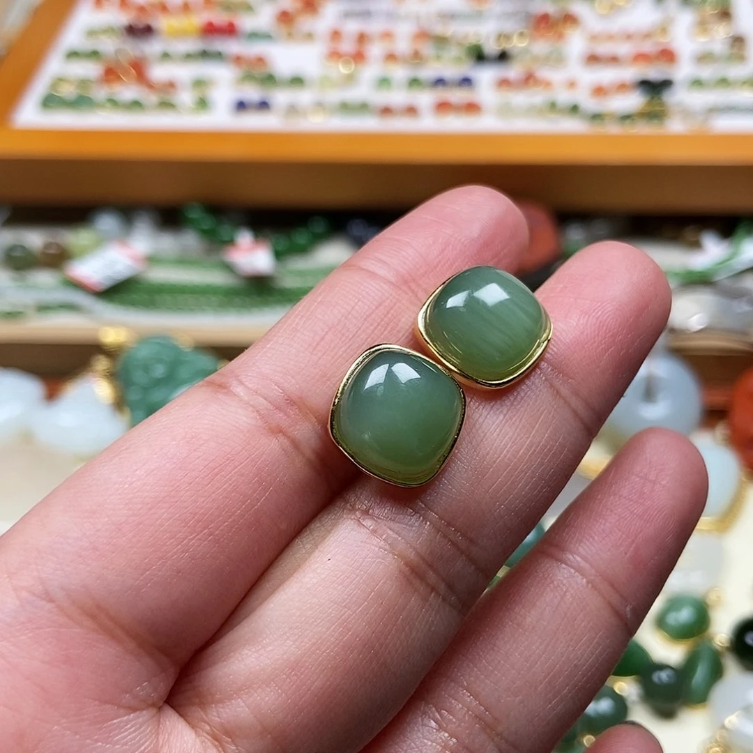 和田玉耳饰银S925镶嵌