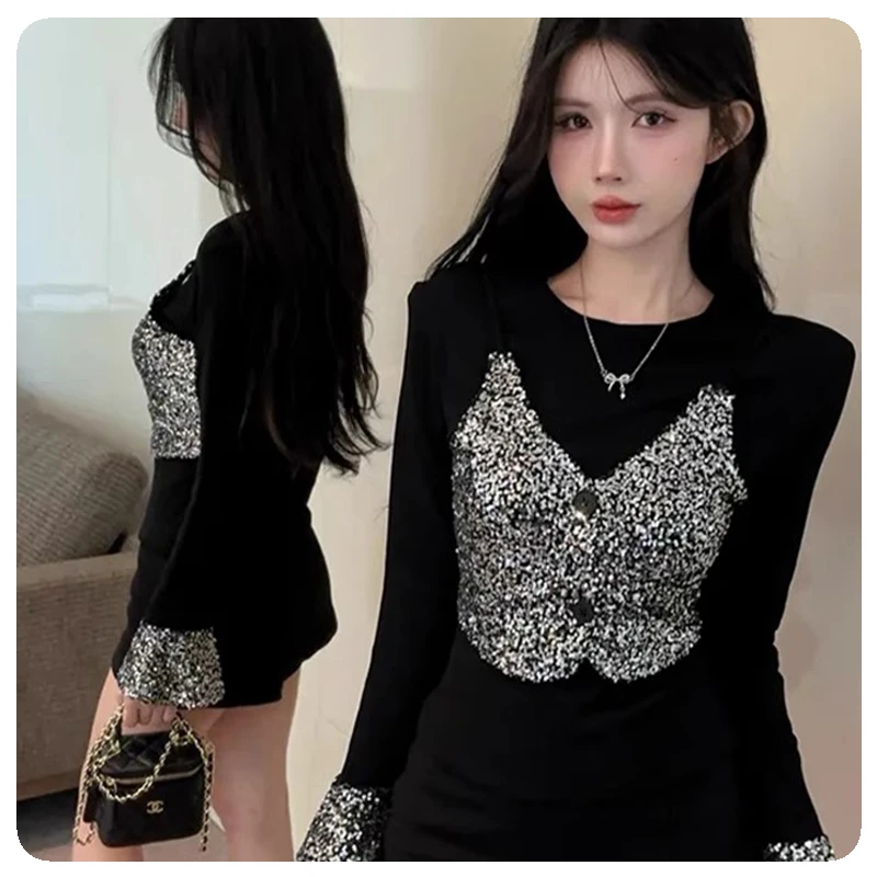 保暖打底衫女2024冬季新款设计感亮片拼接假两件长袖气质显瘦上衣