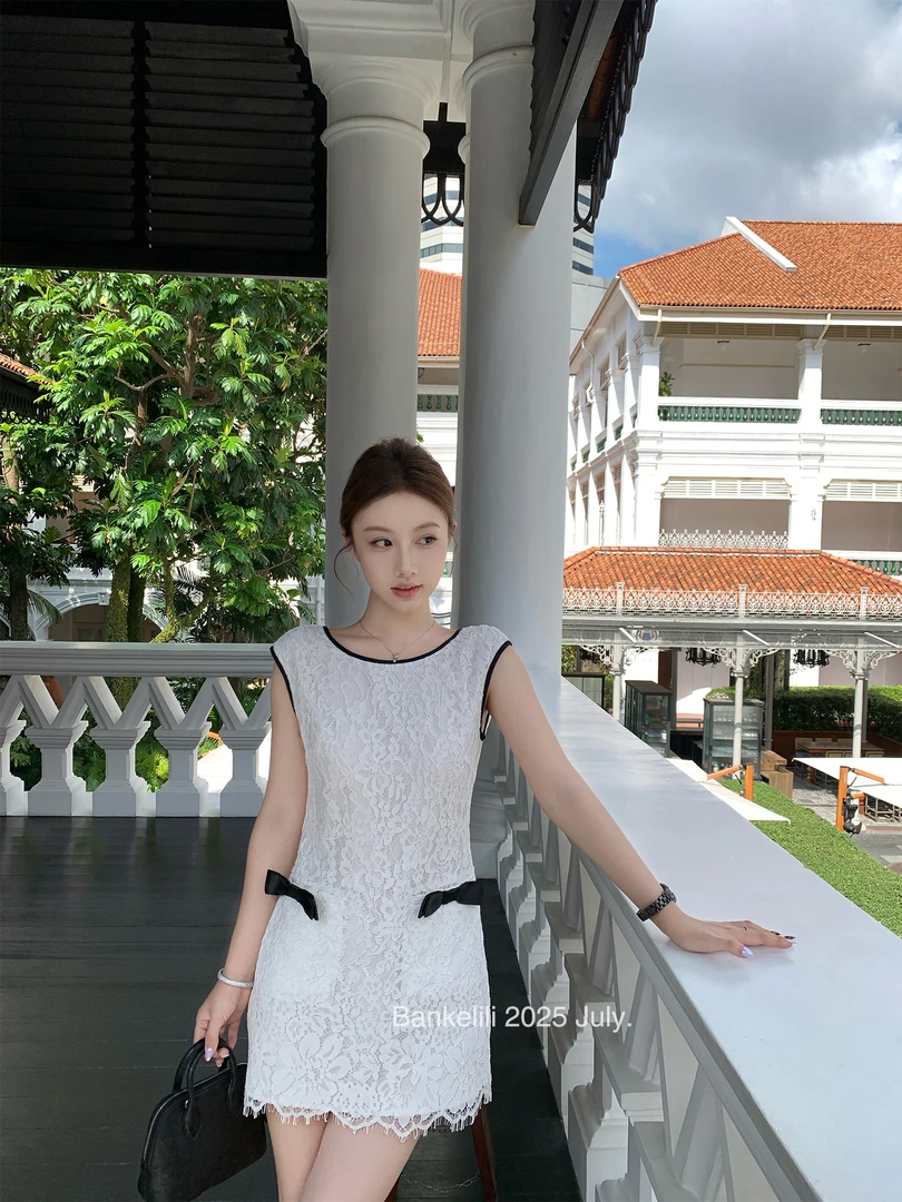 【香阀世家】夏季新款高级感小香风纯欲蕾丝连衣裙女纯欲露背短裙女