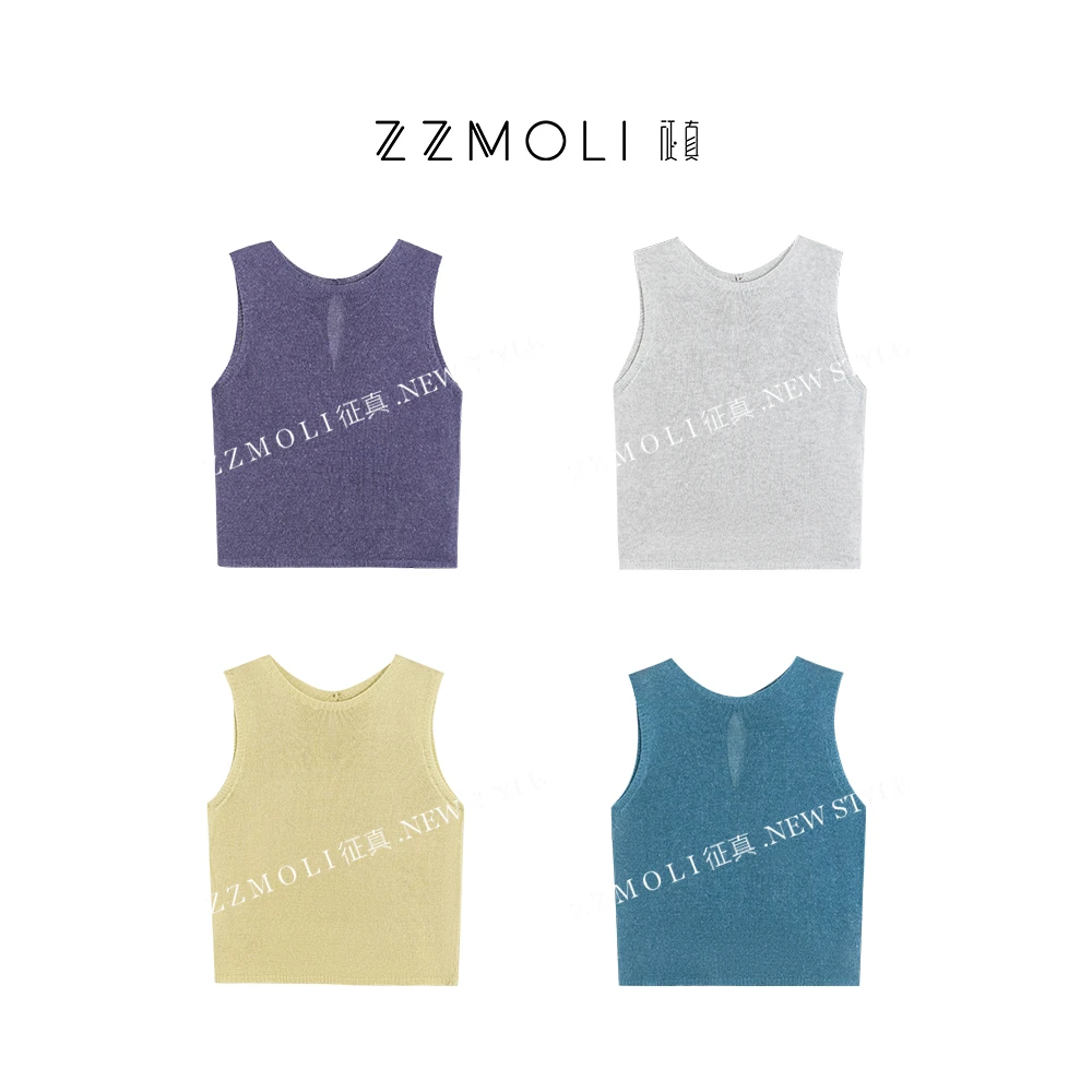 ZZMOLI“幻彩”慵懒天丝亚麻薄款针织背心女款后背镂空上衣ZBY78103
