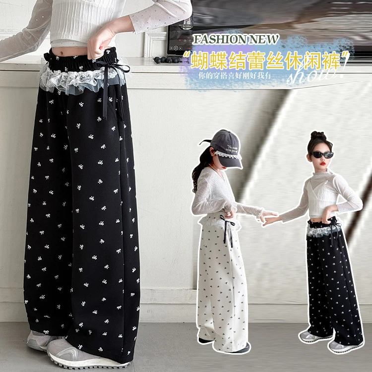 女童2025春装新款蕾丝边阔腿裤儿童春秋季屁帘休闲裤女洋气阔腿裤
