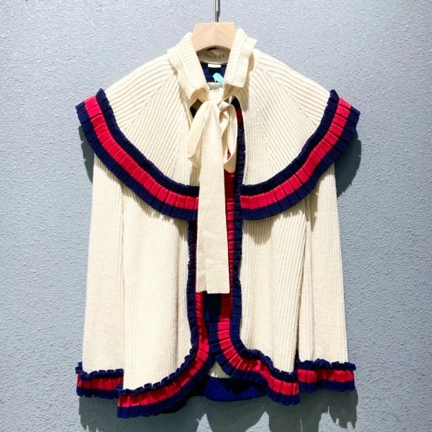 99新 GUCCI/古驰 走秀款红蓝荷叶边羊毛针织上衣开衫外套s码0282