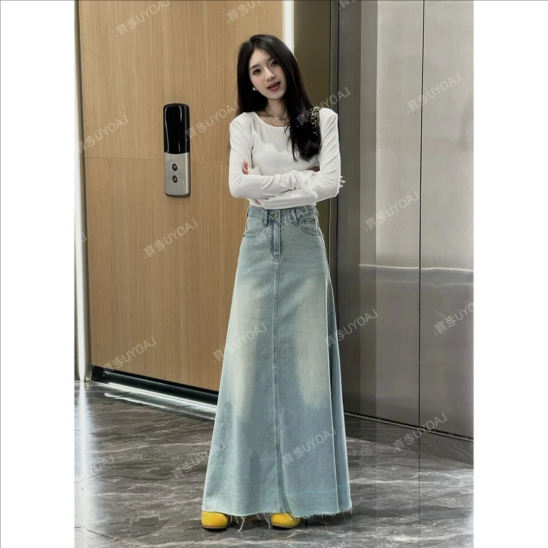 （满分长裙）韩系百搭高腰水洗显瘦百搭大摆加长牛仔裙半身裙