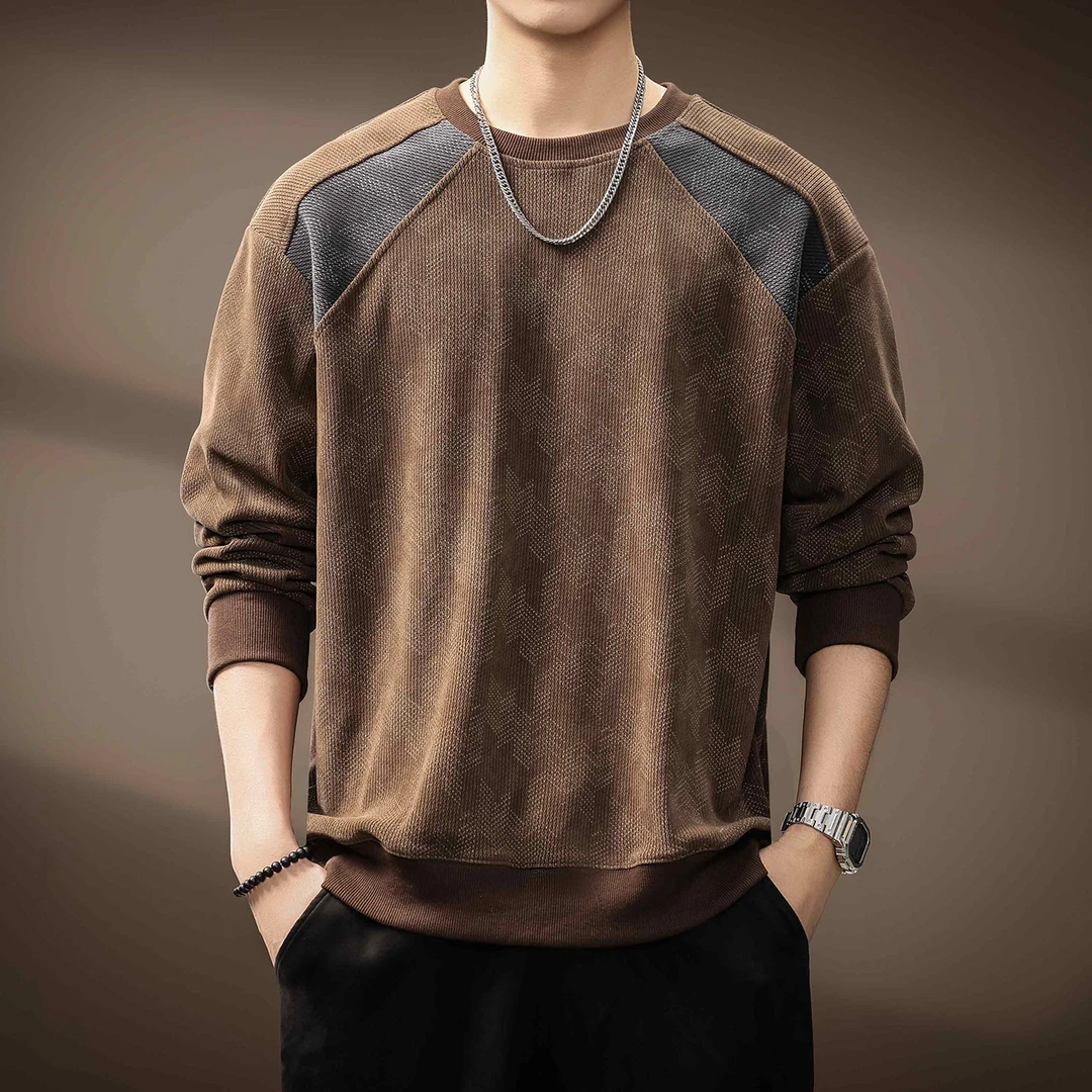 高端美式潮牌撞色拼接重磅卫衣男秋季新款复古肌理感宽松百搭上衣