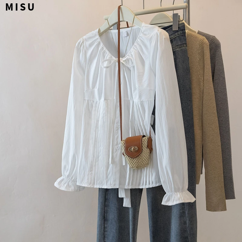 MISU休闲宽松系带上衣女秋季新款小清新甜美百搭设计感衬衫时尚