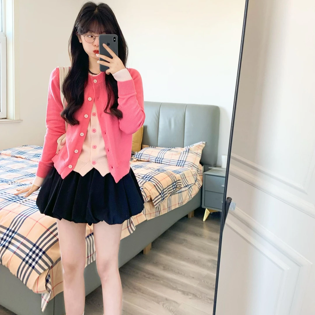 针织衫女2025春季新款韩系穿搭玫红色假两件设计感休闲风长袖毛衣