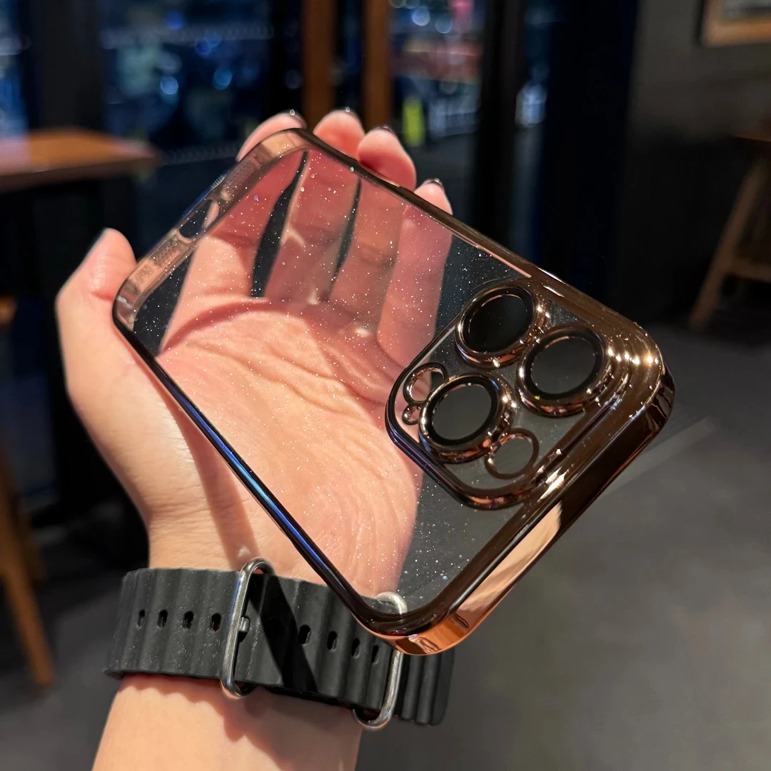 适用于苹果16透明电镀iPhone14细细闪粉13ProMax带镜头膜12个性15