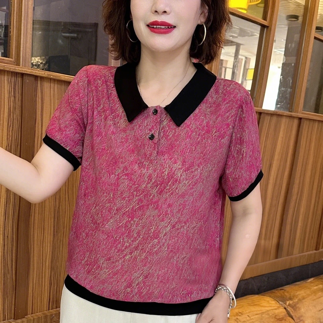 时尚新款polo翻领碎花气质薄款大码夏季妈妈装显瘦休闲百搭短袖