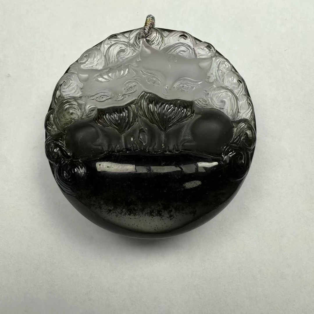 天然水晶 绿幽灵水晶亲子九尾狐吊坠 雕工精美 俏色巧雕