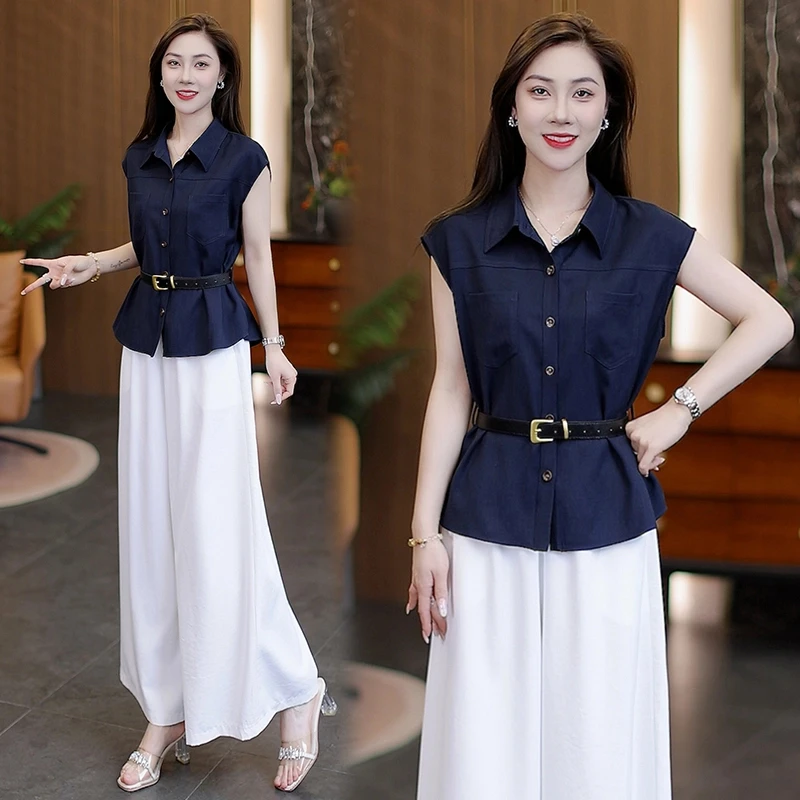 2025夏季新款时尚套装气质穿搭一整套高级感洋气衬衫阔腿裤两件套