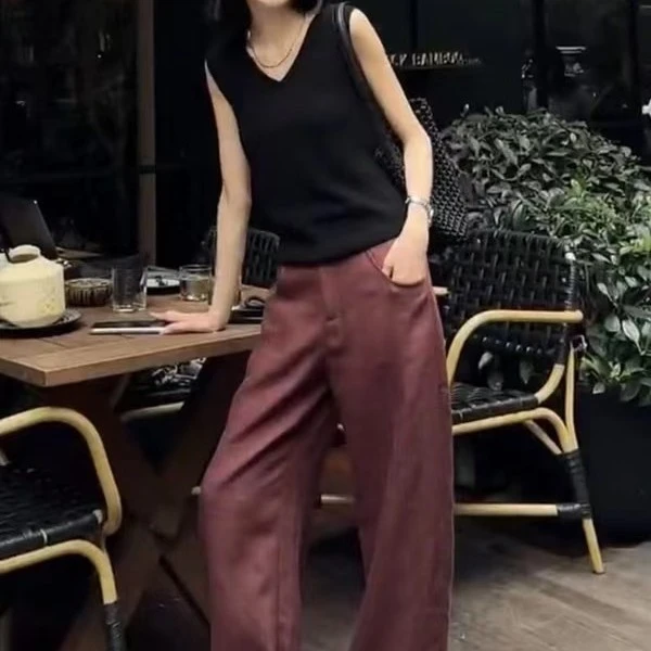 夏季新款洋气无袖V领背心休闲高腰直筒裤女潮