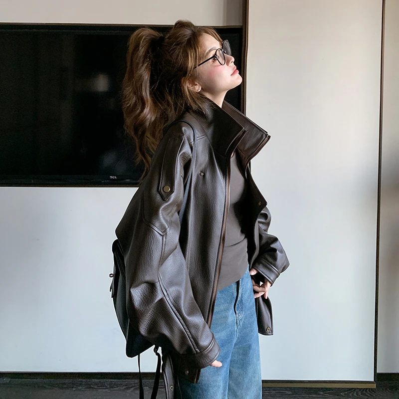 咖色高级感皮衣外套女2025春季新款美式复古炸街小个子机车服夹克