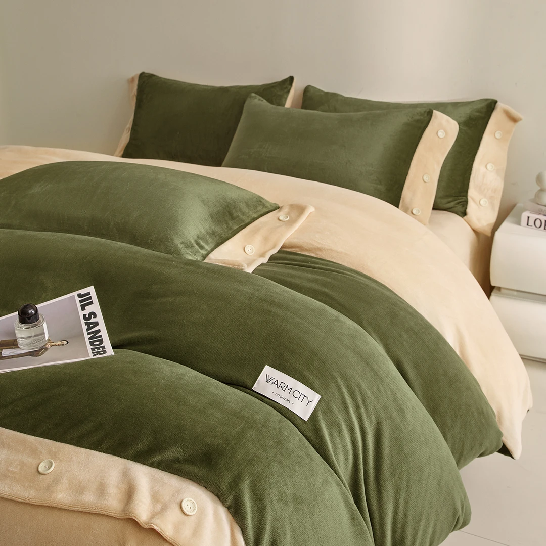 秋冬新款撞色纽扣边牛奶绒床单四件套家用保暖床品套件好看舒服冬