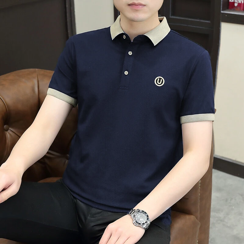 夏季薄款翻领短袖t恤男士藏青色商务休闲百搭宽松透气拼色POLO衫