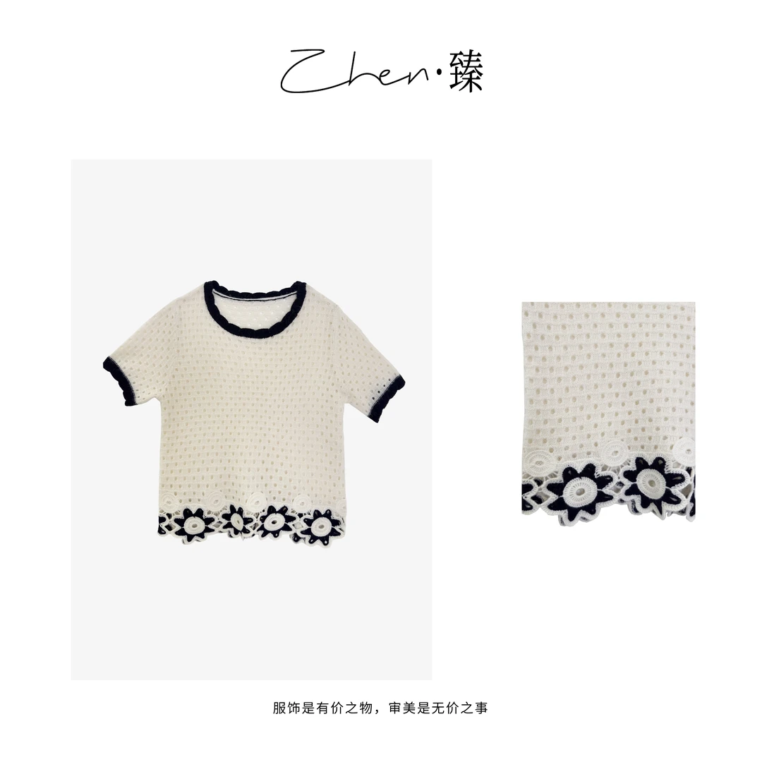 ZHEN.臻 法式镂空拼接提花刺绣针织时尚短袖TX2142Z