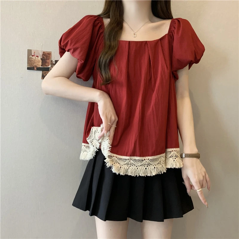 大码甜美减龄泡泡袖流苏衬衫女短袖2025夏季胖mm宽松显瘦方领上衣