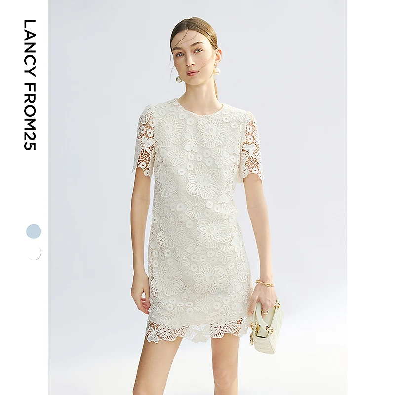 朗姿双色蕾丝刺绣连衣裙圆领修身高级感法式气质2025年夏季新款裙