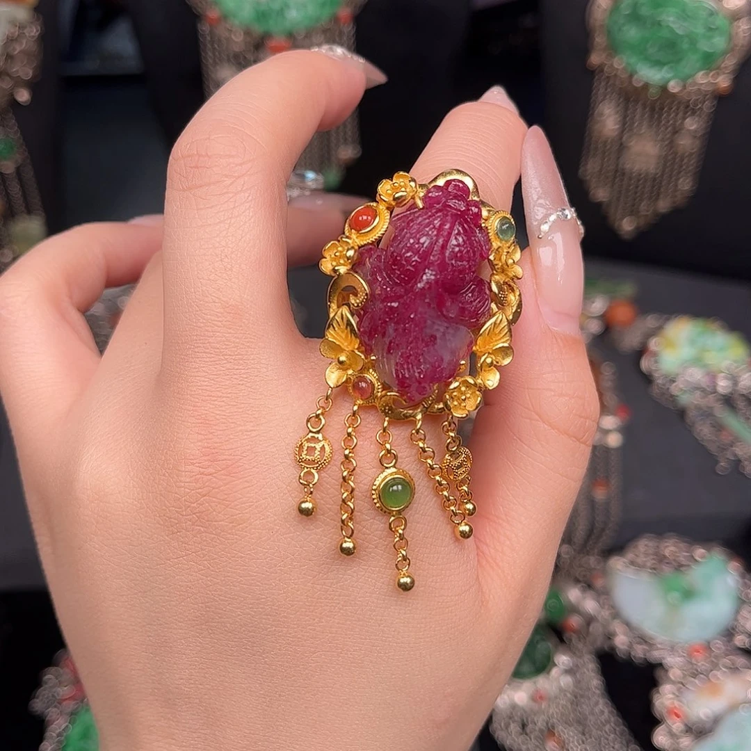 红宝石银S925镀金镶嵌戒指