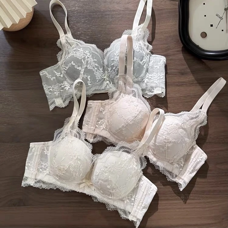 2025夏季新款温柔蕾丝bra镂空蕾丝网纱小胸防下垂无钢圈文胸