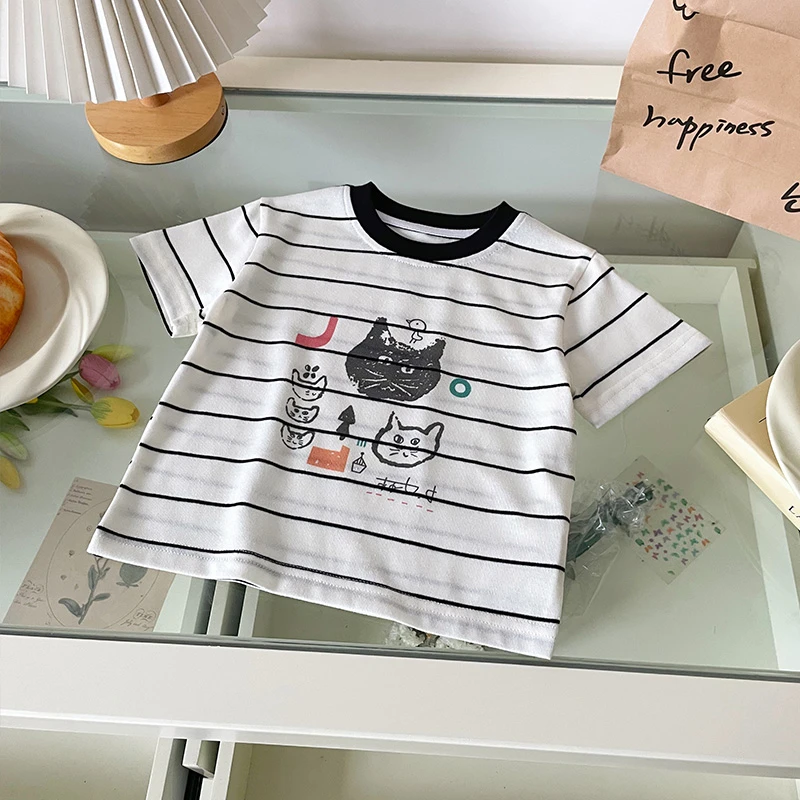 【橘止皮】XY251371夏季新款儿童短袖T恤女童休闲百搭条纹上衣女宝