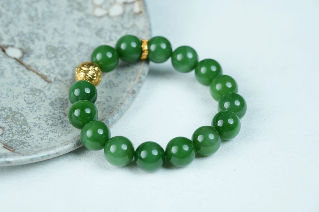 C12F01和田玉碧玉粉绿手串12mm高贵奢华轻奢精美时尚国风