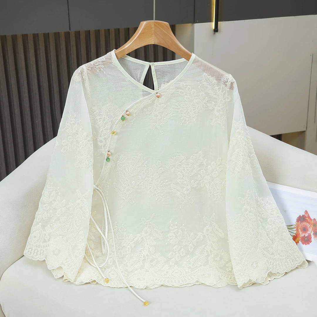 薄款微透蕾丝衬衣宽松名媛风高雅感百搭叠穿新中式上衣气质文艺风