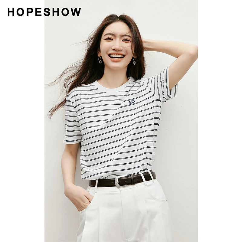 红袖2025春季新款女装 肌理感条纹刺绣标圆领套头T恤90125090207