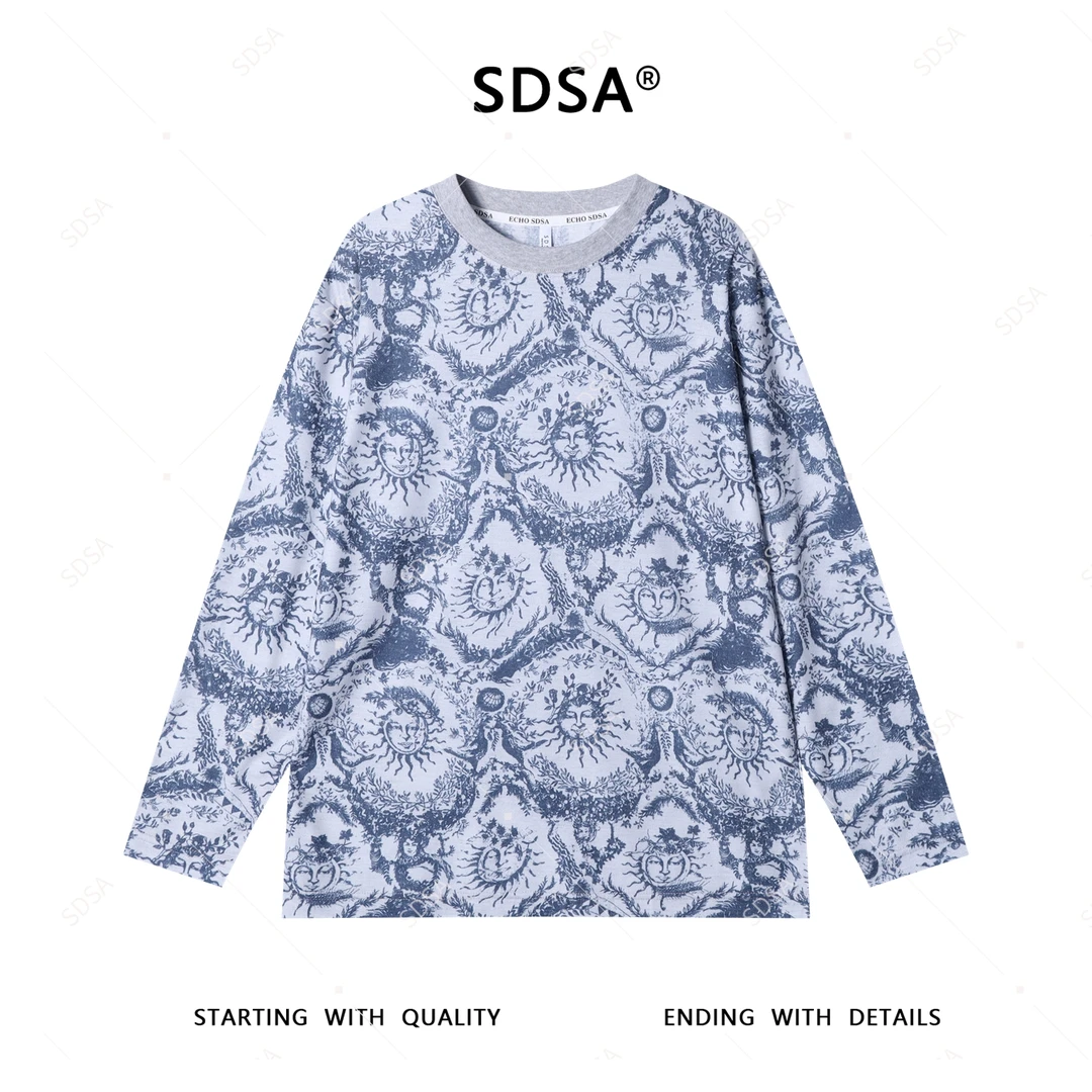 SDSA夏季新款男士痞帅简约时尚抽象图案撞色圆领长袖T恤满印复古