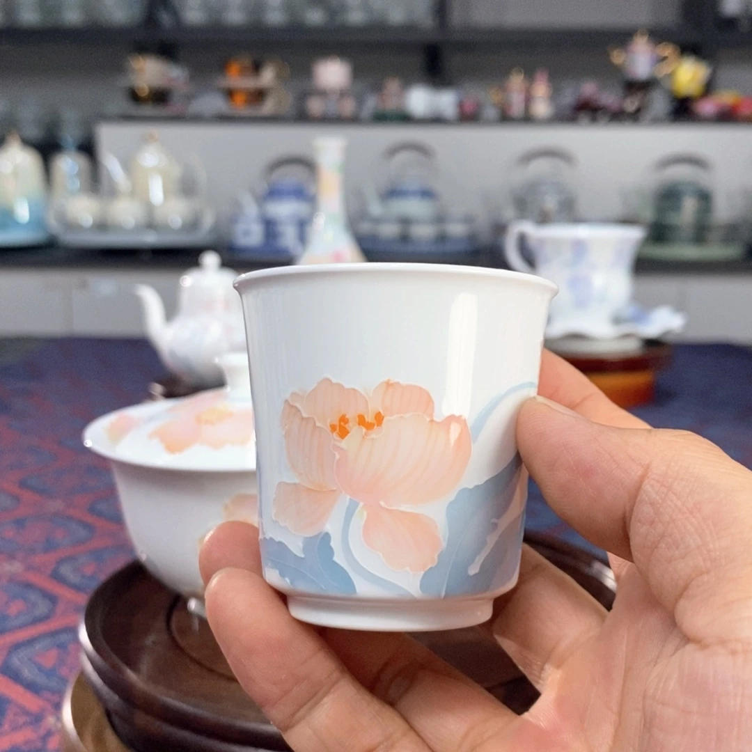 虞美人品茗杯手绘釉下高温