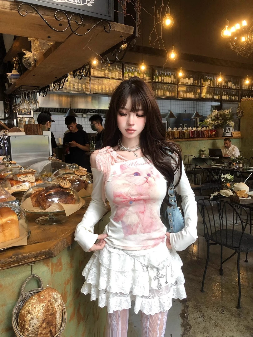 甜辣猫咪印花y2k长袖t恤女秋冬薄款露肩蕾丝拼接纯棉打底衫上衣潮