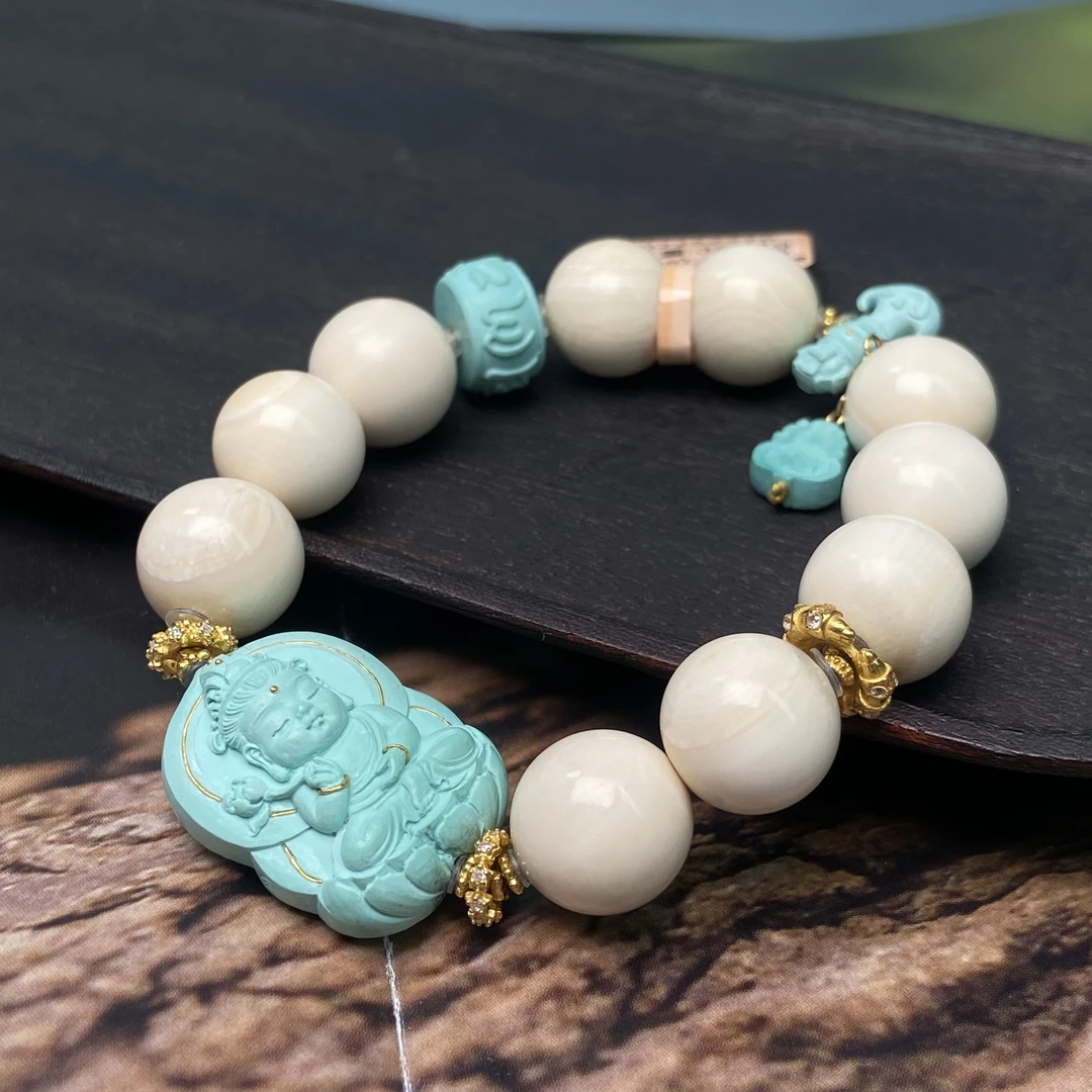 原矿绿松石猛犸单圈设计款手串大势至菩萨手牌15手围