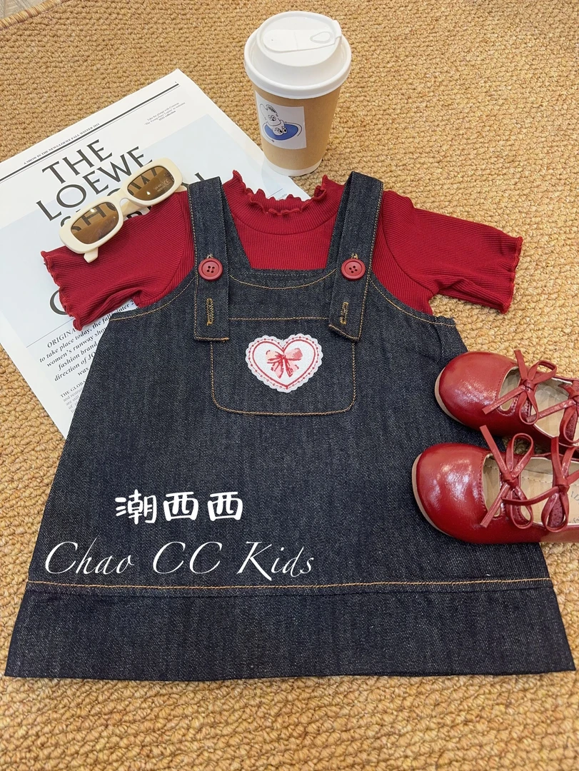 潮西西定制童品2025春季新款牛仔背心裙红色打底衫套装女童春秋