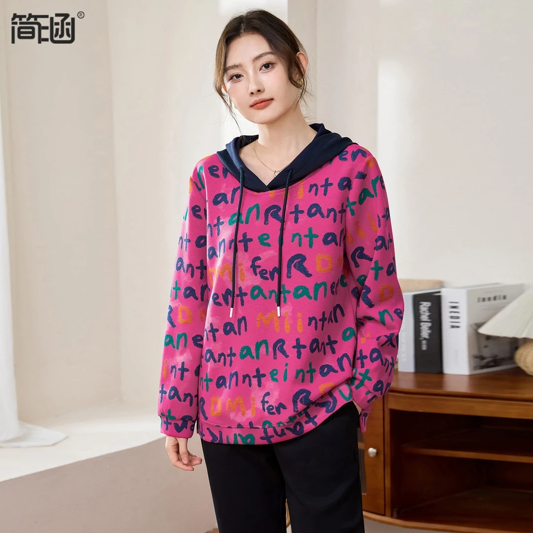 简涵大码女装印花卫衣秋季胖mm宽松显瘦休闲连帽上衣Q1318