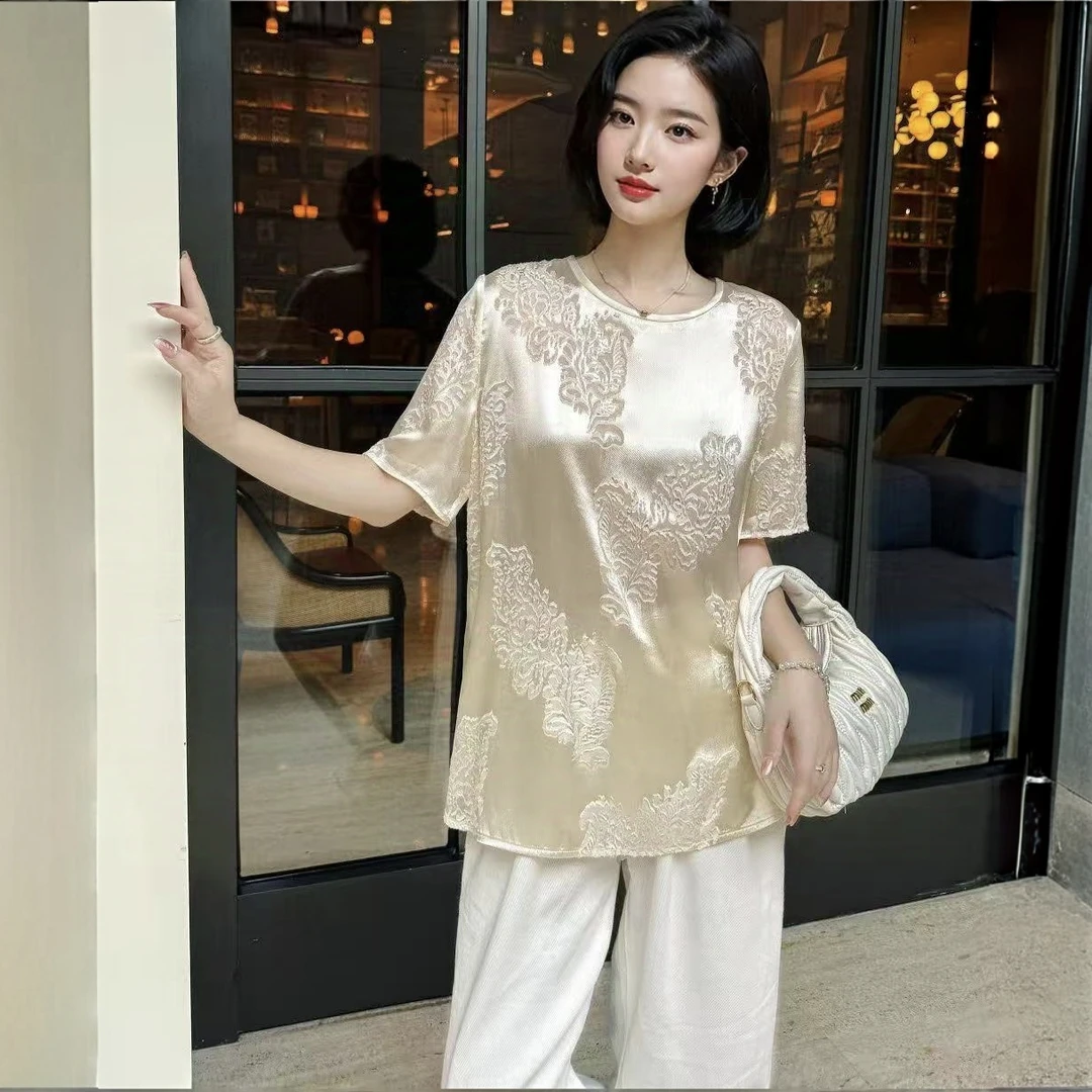 《英佳》新中式气质优雅圆领真丝浮雕花打底【短袖】衬衫