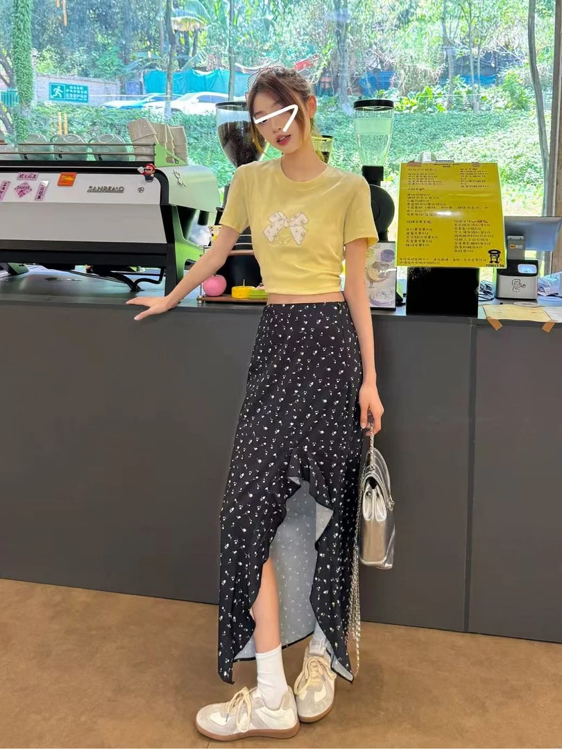 H0001夏季新款复古高腰显瘦不规则荷叶边开叉碎花半身裙